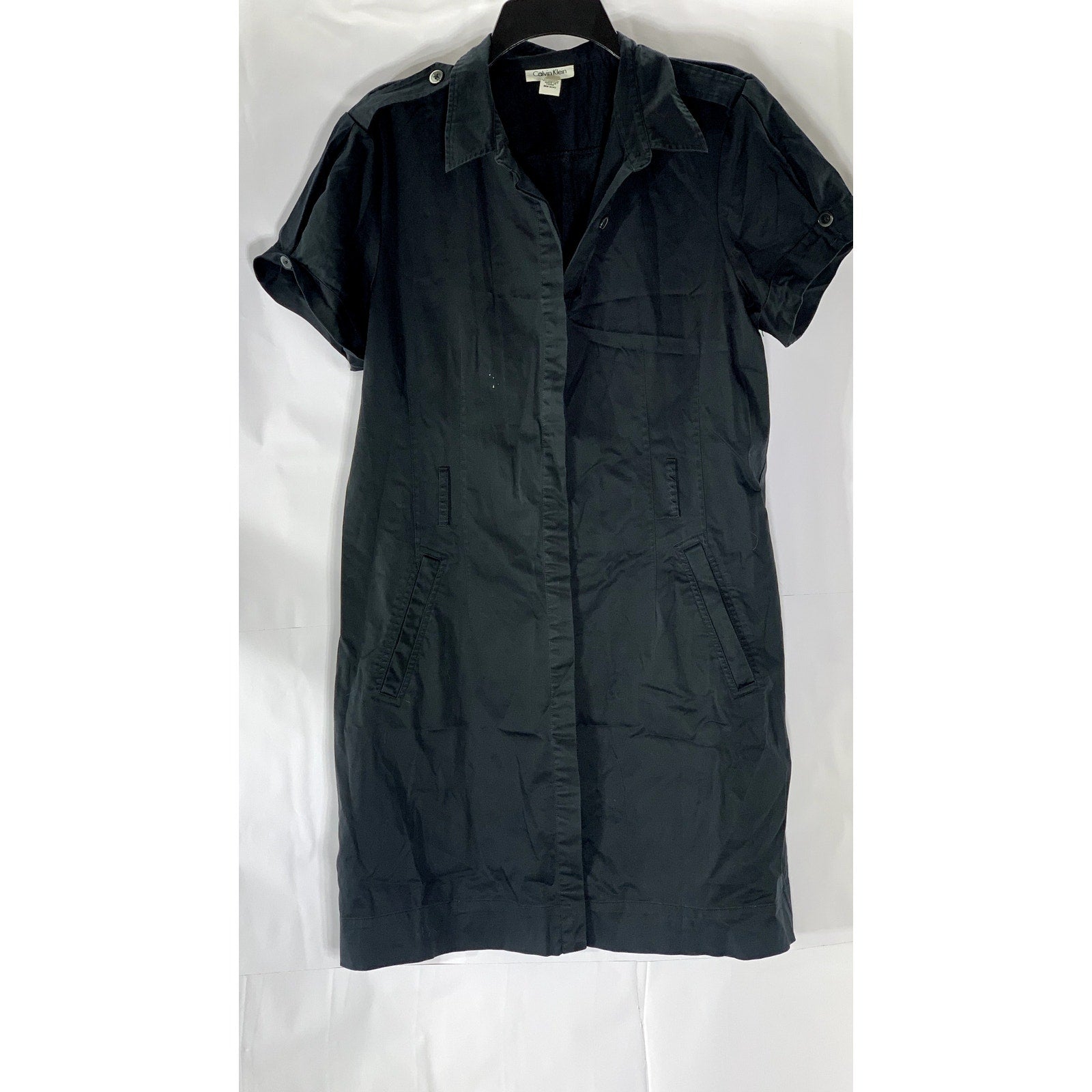 CALVIN KLEIN Women's Black Button-Up Short Sleeve Knee-Length Dress SZ 14
