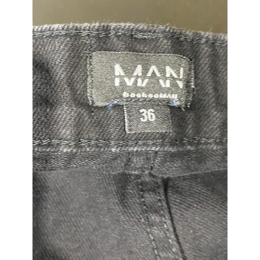 MAN BOOHOOMAN Men's Black Distressed Stretch Popper Hem Cargo Jeans SZ 36
