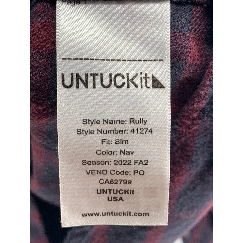 UNTUCKIT Men's Navy-Red Check Button-Up Long Sleeve Flannel Rully Shirt SZ M