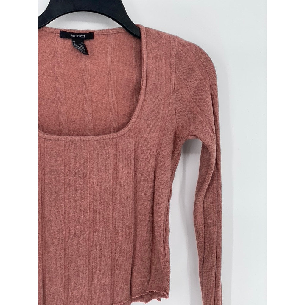FOREVER 21 Women’s Rust Pink Wide Rib Straight-Neck Long Sleeve Crop Top SZ L