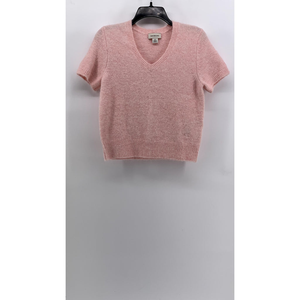 CALVIN KLEIN JEANS Women's Light Pink Knit V-Neck Short Sleeve Sweater Top SZ S