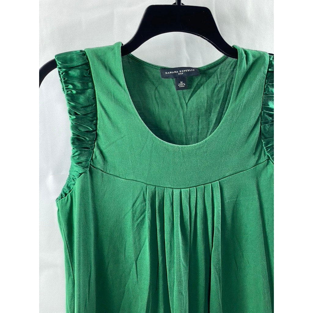 BANANA REPUBLIC Women's Green Silk Scoop-Neck Pleated Tank Top SZ M
