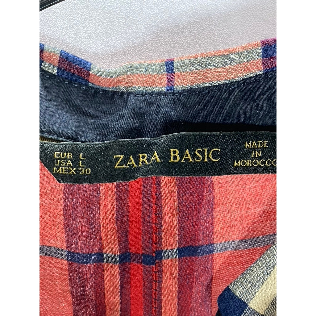 ZARA BASIC Women’s Red Plaid Regular-Fit Button-Up Long Sleeve Top SZ L