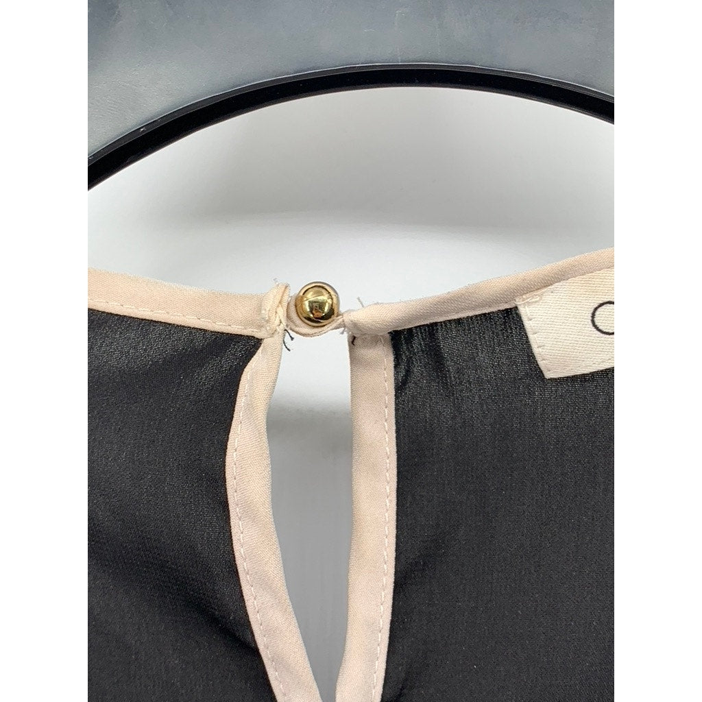 CALVIN KLEIN Women's Black-Cream Scoop-Neck Short Sleeve Stripe Trim Blouse SZ S