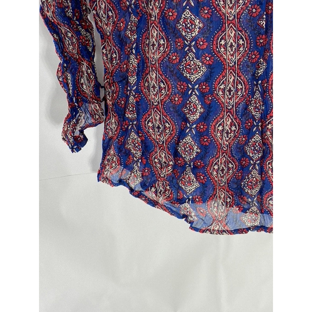 LUCKY BRAND Women’s Navy Crochet Knit 3/4 Cinched Sleeve Sheer Floral Top SZ M