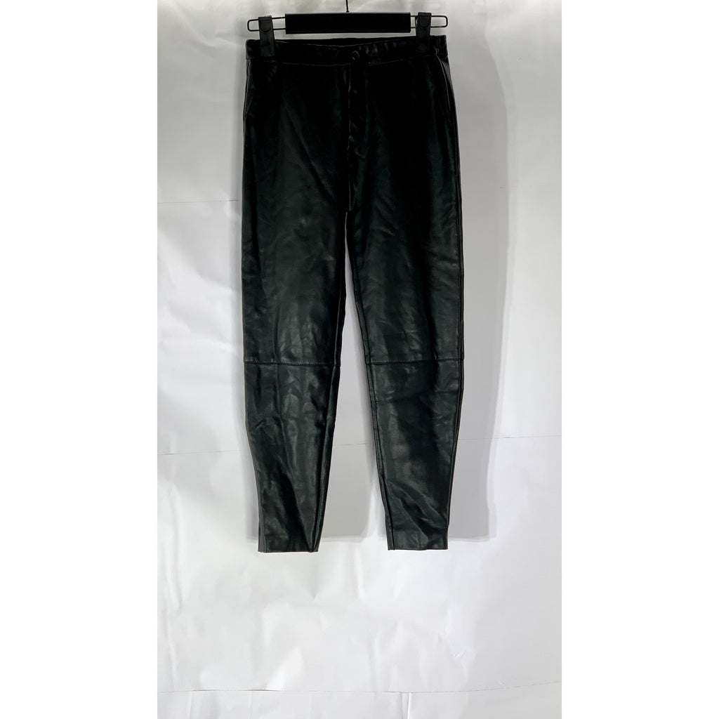 ZARA Women's Black Solid Faux-Leather High-Rise Zipper-Ankle Leggings SZ 10