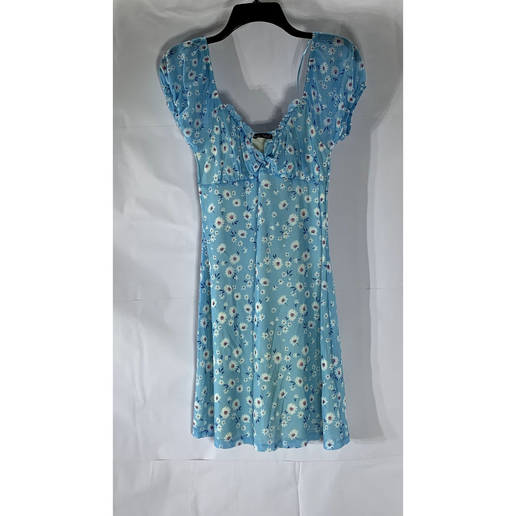 BERSHKA Women’s Light Blue Milkmaid Floral Puff Short Sleeve Mini Dress SZ M
