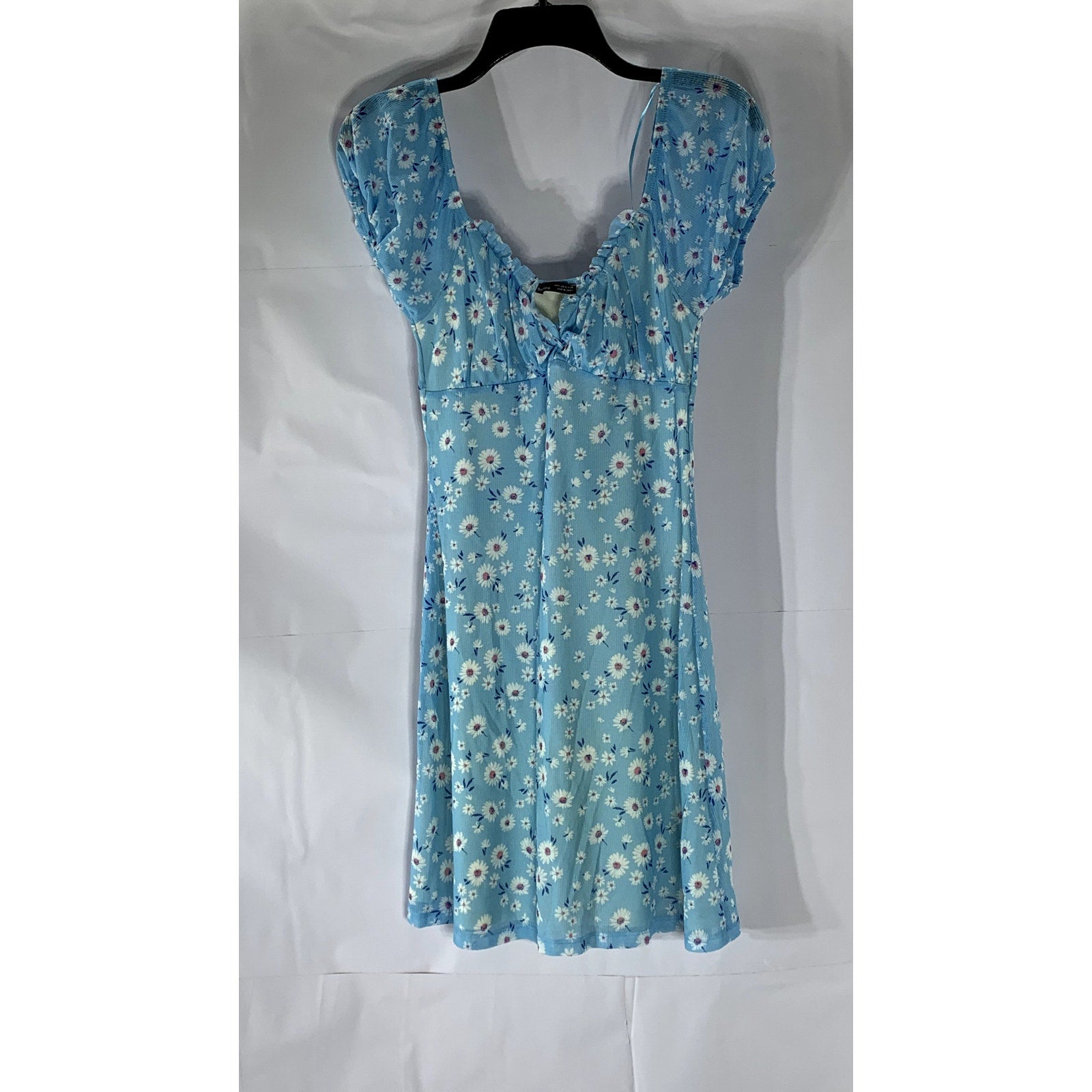 BERSHKA Women’s Light Blue Milkmaid Floral Puff Short Sleeve Mini Dress SZ M