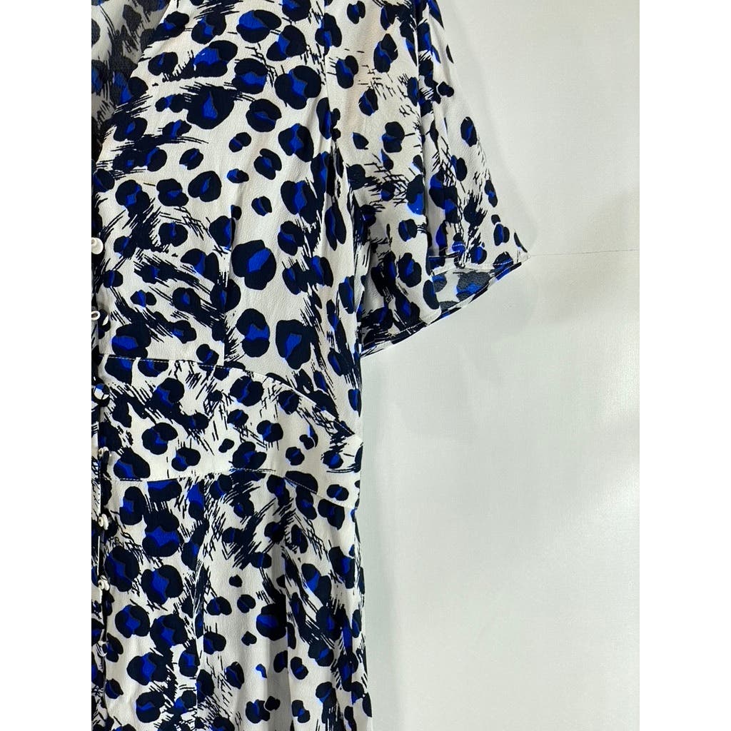 WHISTLES Women's Blue Brushed Leopard Button V-Neck Short Sleeve Dress SZ 8