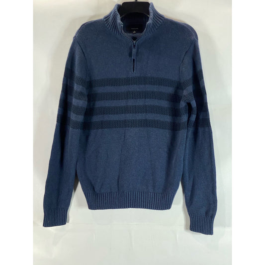 TAHARI Men's Blue Striped Knit Quarter-Zip Pullover Sweater SZ M