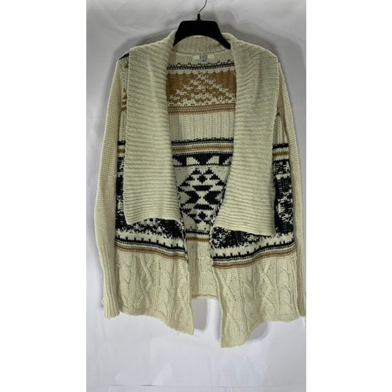 BB DAKOTA Women's Beige Cable Knit Tribal Print Open-Front Cardigan SZ XS