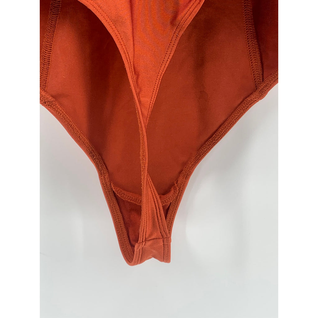 OUT FROM UNDER Women's Dark Orange V-Neck Eyelet Corset Thong Bodysuit SZ M