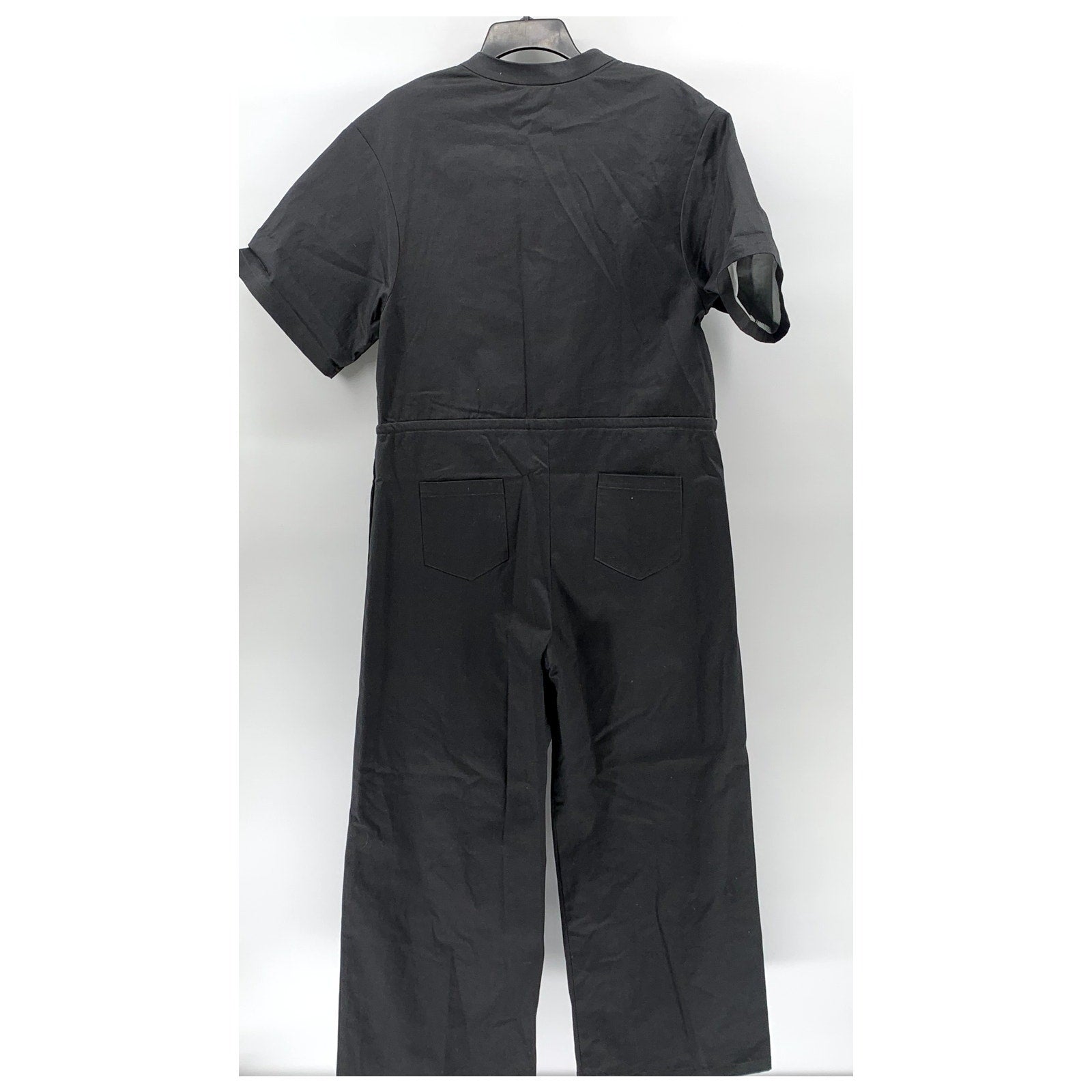 THE KIT. Women's Black Denim Short Sleeve Half-Button Wide-Leg Jumpsuit SZ M