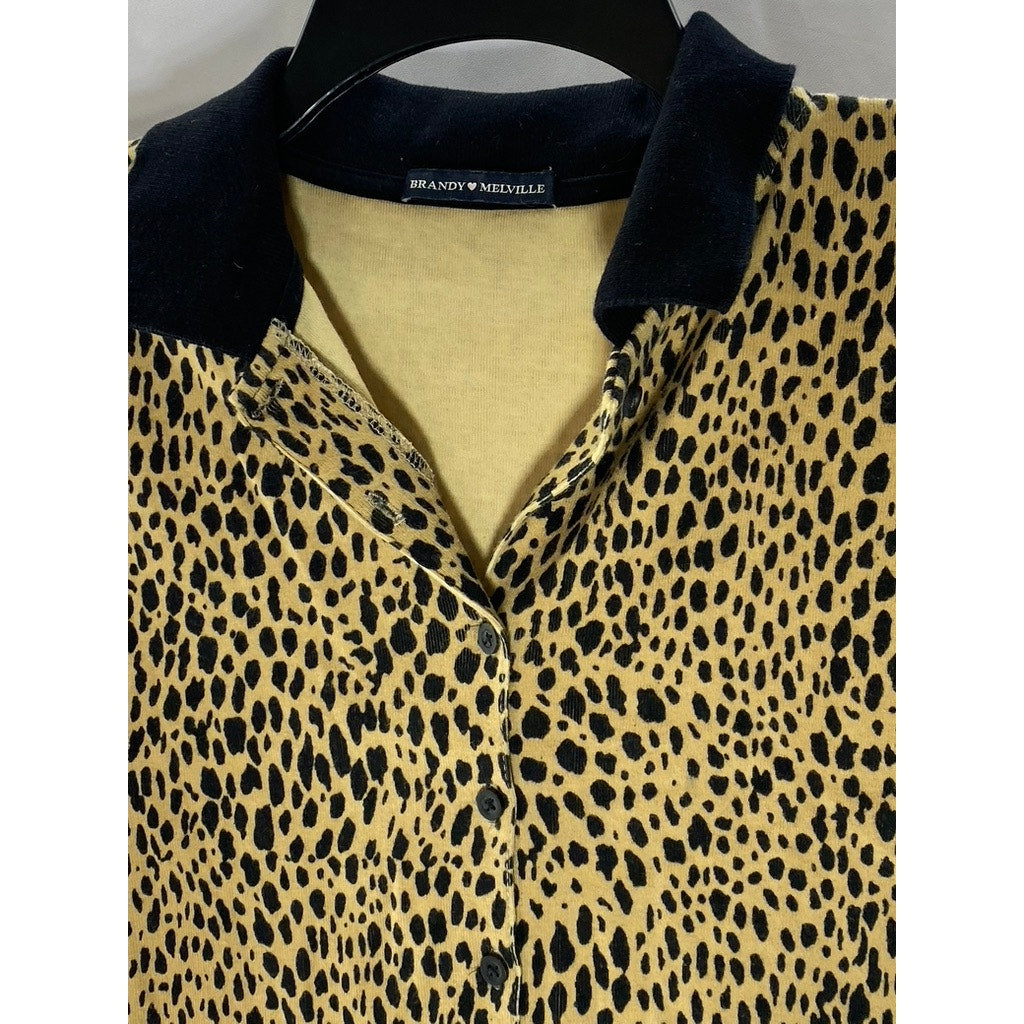 BRANDY MELVILLE Women's Tan-Black Animal Print Button-Up Cropped Top SZ OS