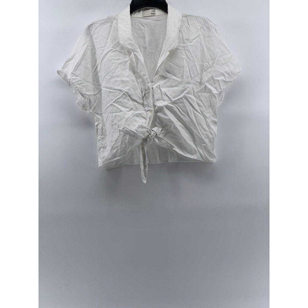 WILFRED FREE Women’s White Tie-Knot Short Sleeve Button-Up Cropped Top SZ S
