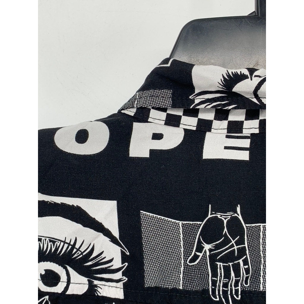 HOT TOPIC Men's Black-White Printed Nova Woven Button-Up Shirt SZ L