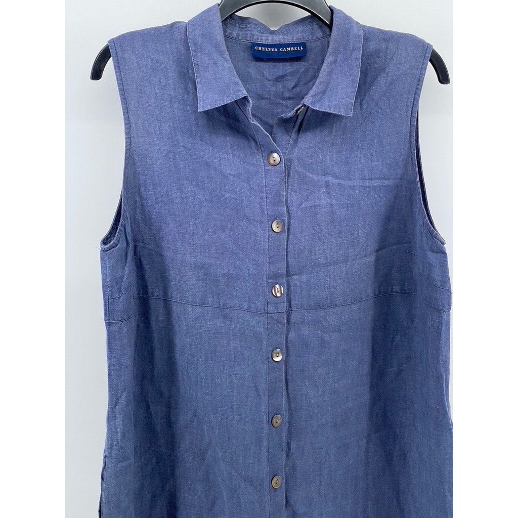CHELSEA CAMBELL Women's Blue Linen Sleeveless Midi A-Line Shirt Dress SZ S