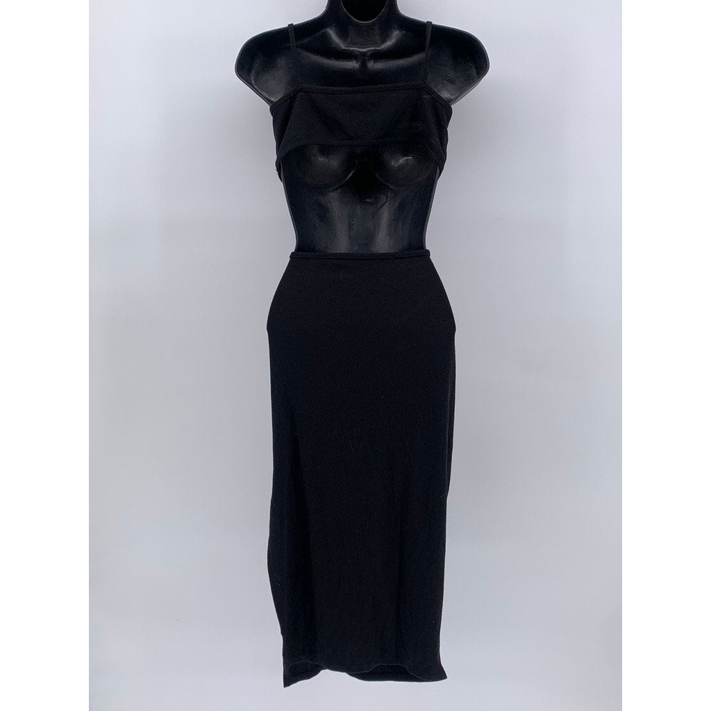 WINDSOR Women's Black Ribbed Cutout V-Neck Maxi Dress SZ L