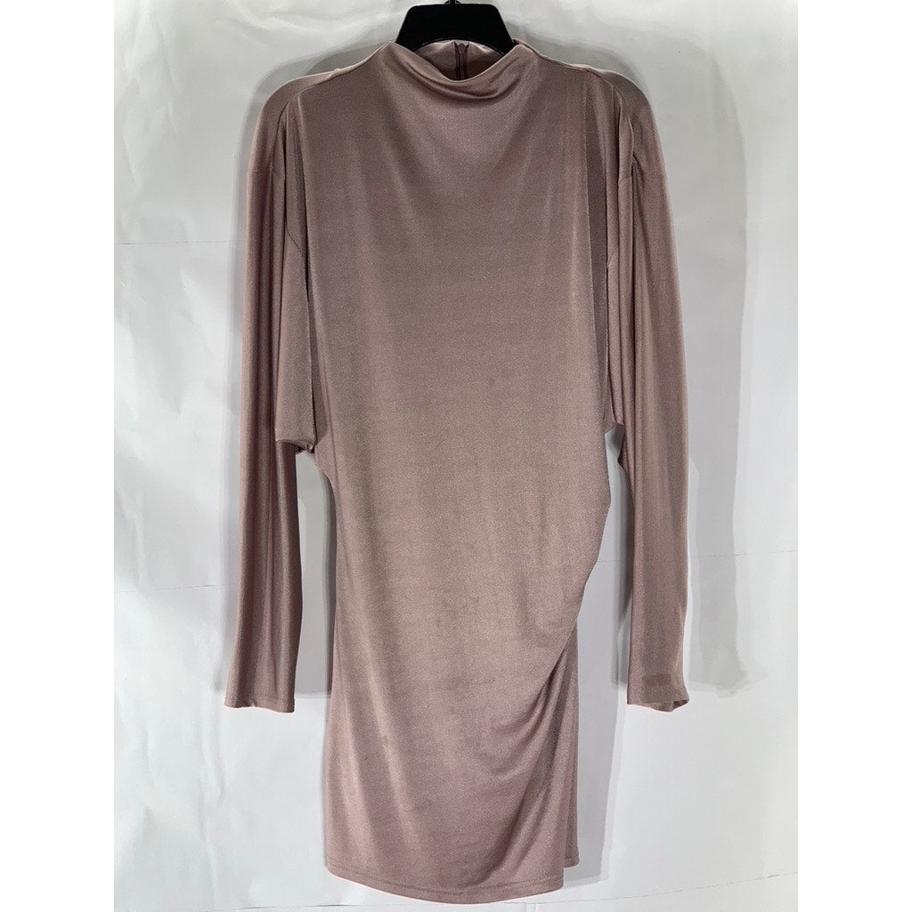 ZARA Women’s Pink Silk Mock-Neck Long Sleeve Side-Ruched Mini Dress SZ S