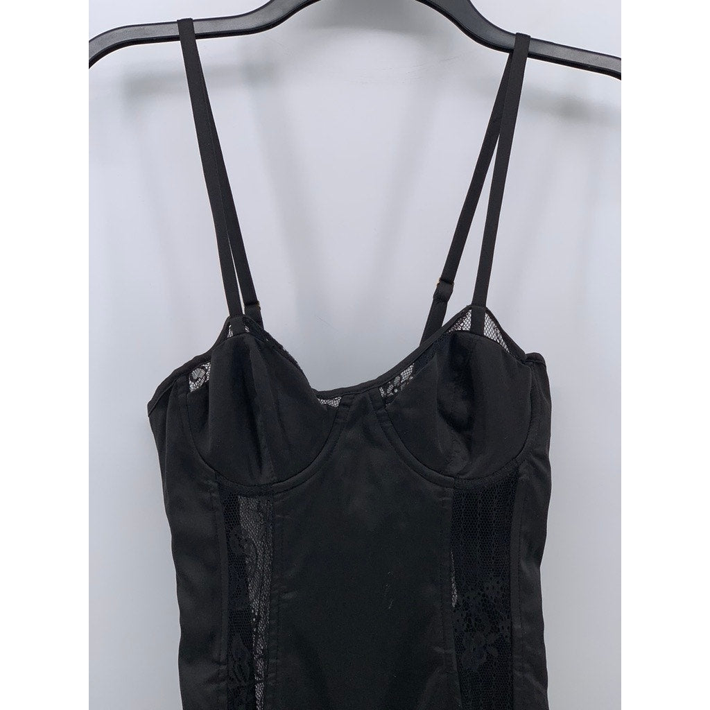 LUXXEL Women's Black Satin Mesh Spaghetti Strap Bodycon Mini Dress SZ S