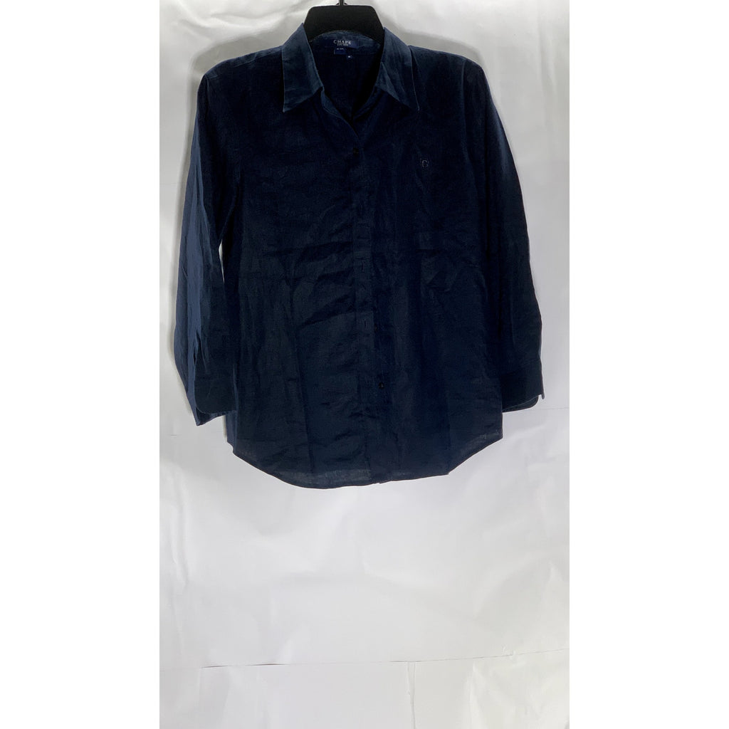 CHAPS EST. 1978 Women's Blue Linen Regular-Fit Button-Up Long Sleeve Top SZ M