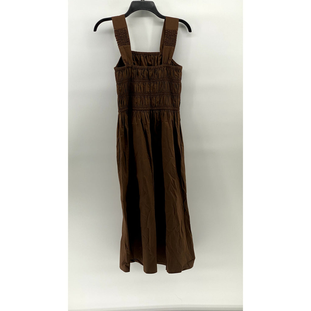 THE DROP Women's Brown Lu Wide Strap Smocked Fit & Flare Knee Length Dress SZ S
