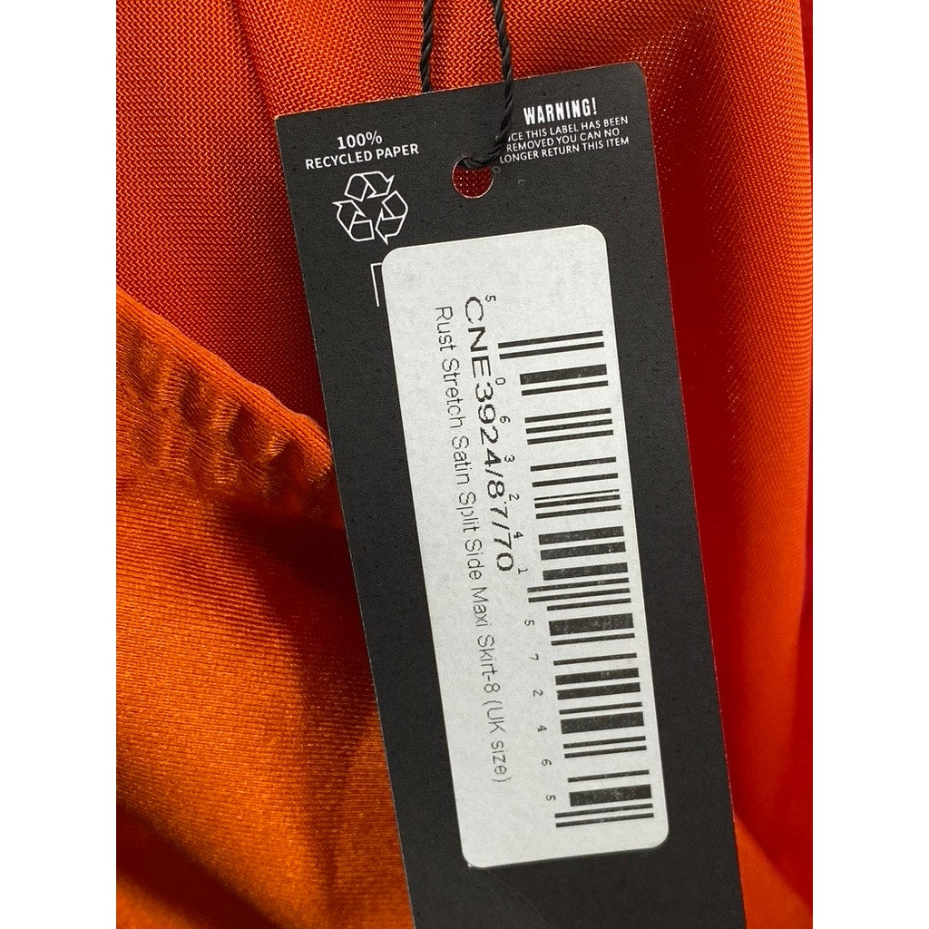 PRETTYLITTLETHING Women's Orange Rust Satin Stretch Side Slit Maxi Skirt SZ 4