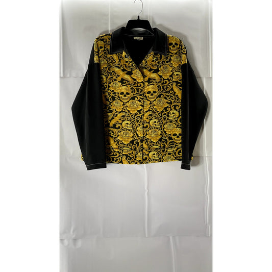 BEEJ Women's Black/Gold Embroidered Skull-Floral Snap-Button Shirt Jacket SZ 2