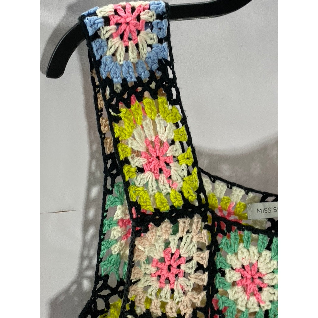 MISS SPARKLING Women's Black-Multi Crochet Floral Straight-Neck Tank Top SZ S