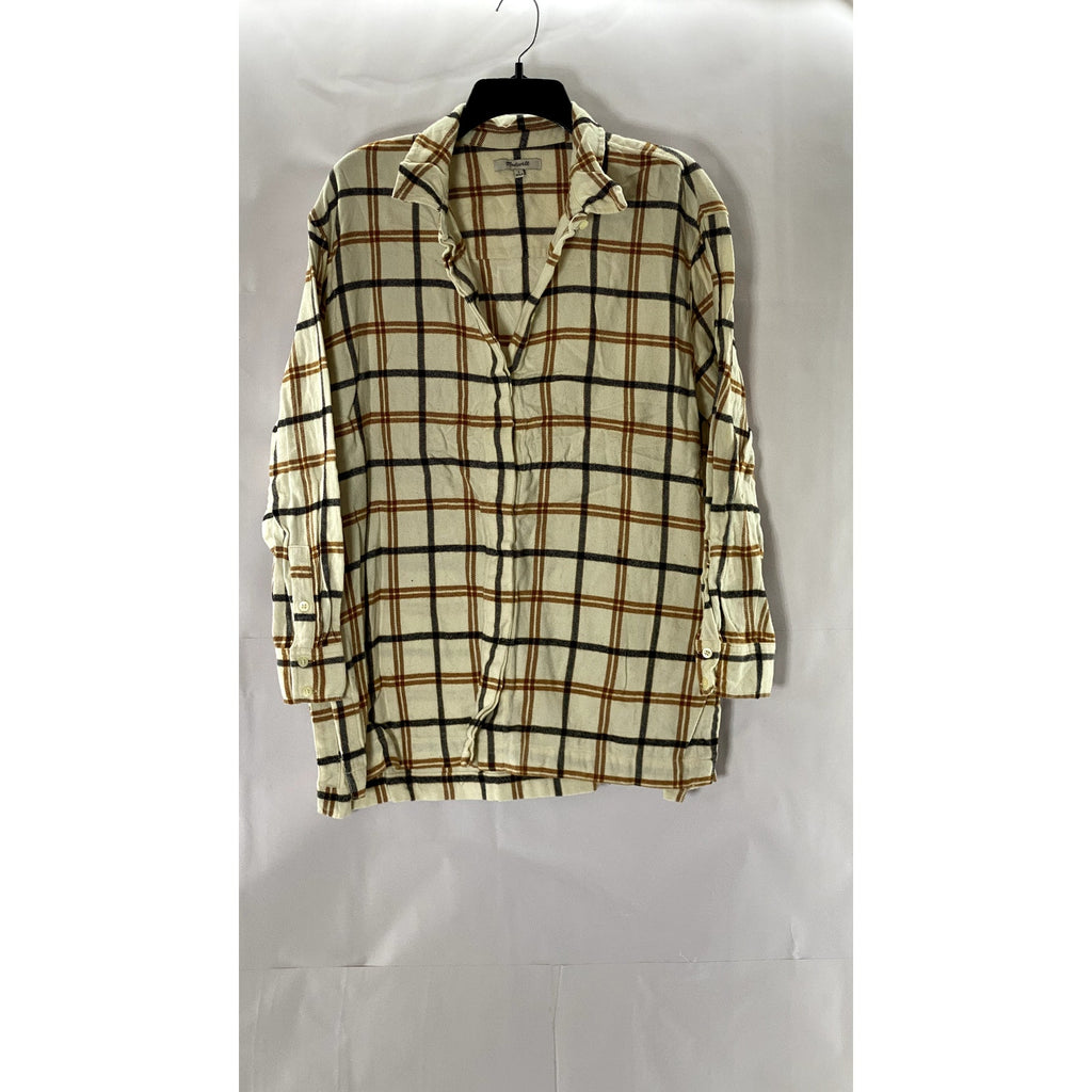 MADEWELL Women's Cream Plaid Flannel Oversized Button-Up Boyfriend Top SZ L