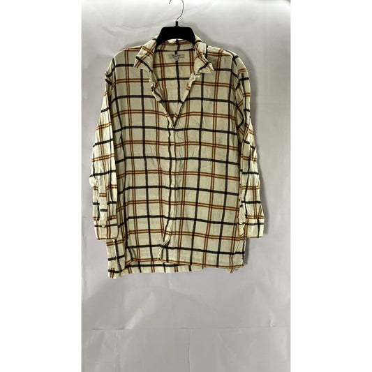 MADEWELL Women's Cream Plaid Flannel Oversized Button-Up Boyfriend Top SZ L
