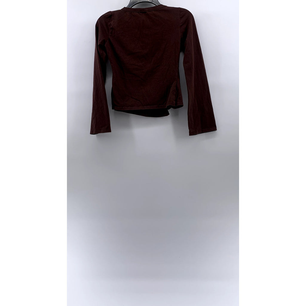 PRETTYLITTLETHING Women's Brown Solid Asymmetrical Button-Up Long Sleeve Top SZ2