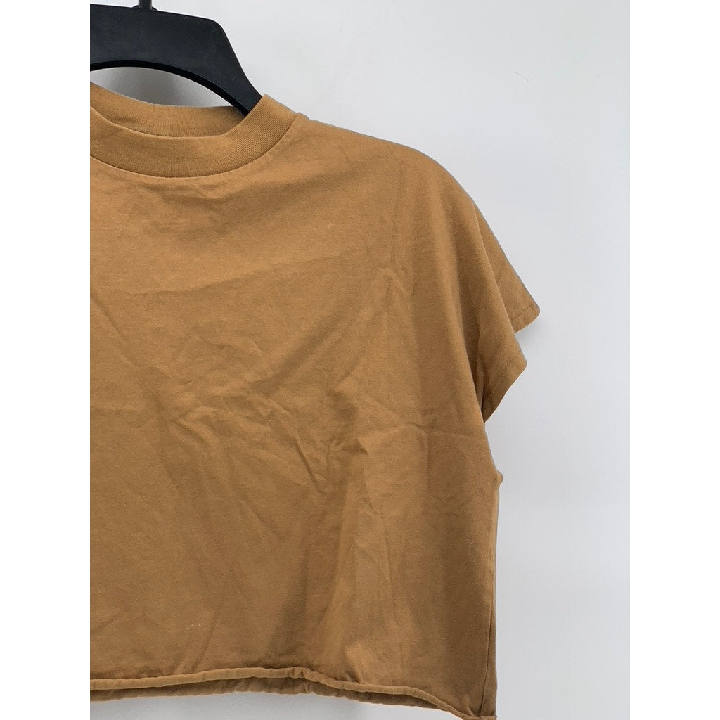 UNIQLO Women's Camel Brown Solid Crewneck Short Sleeve Oversized Crop Top SZ XS