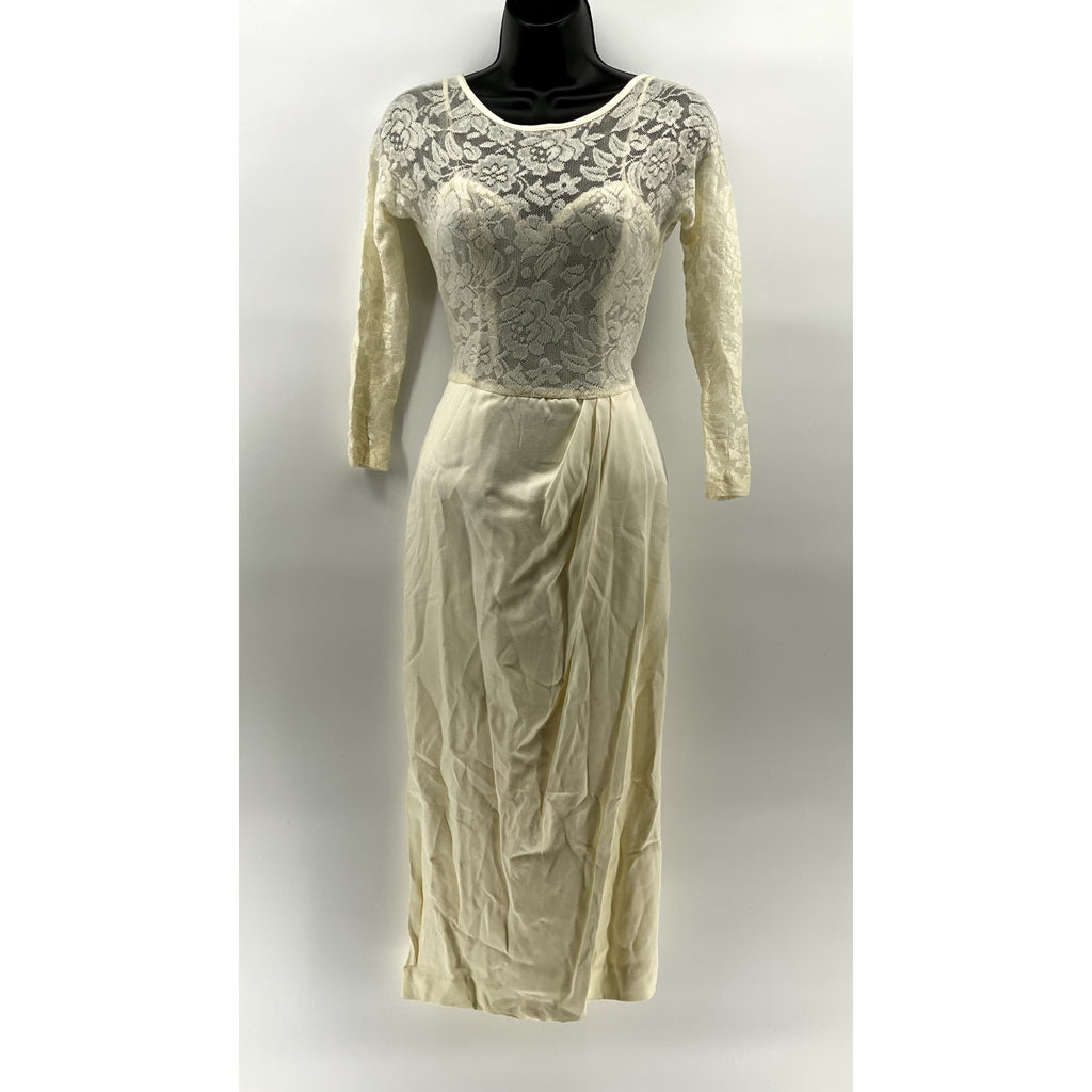 EXPO Women's Petite Ivory Crewneck Lace Long Sleeve Pleated Midi Dress SZ 6