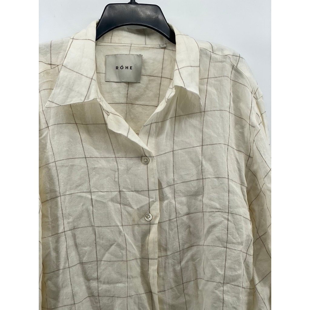 ROHE Women's Off-White Windowpane Linen Button-Up Long Sleeve Shirt SZ 42(US10)