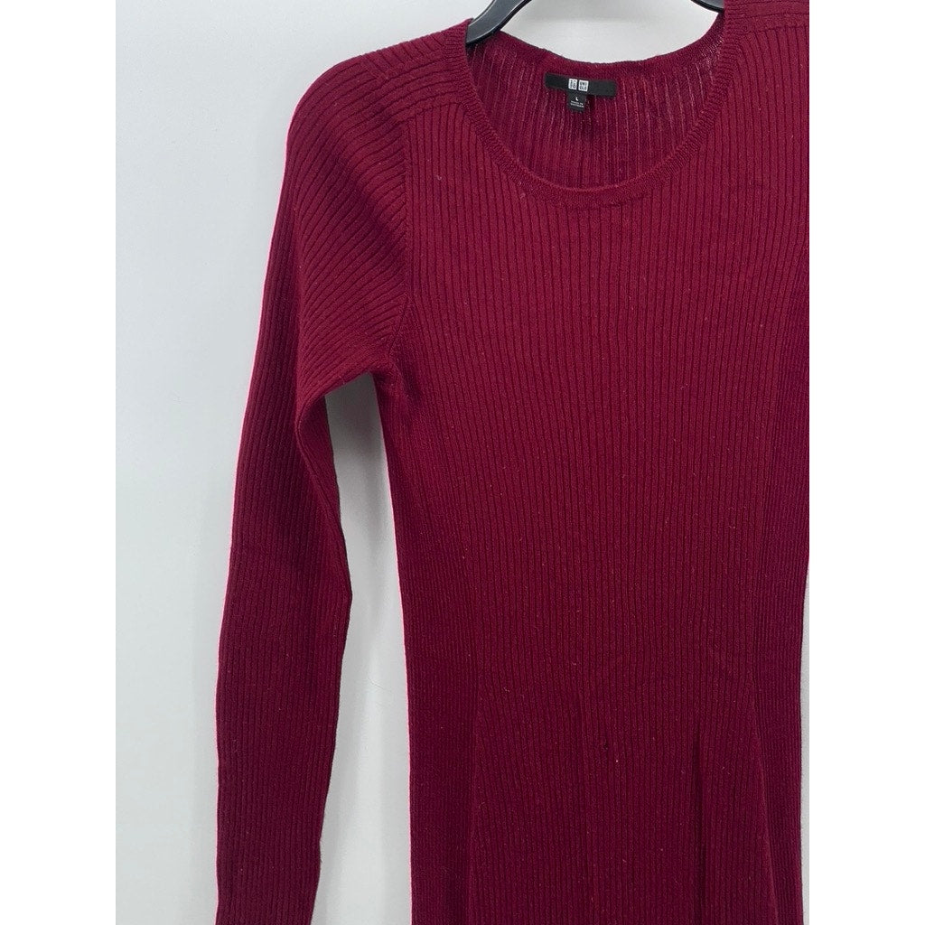 UNIQLO Women's Wine Crewneck Rib Knit Wool Long Sleeve Midi Sweater Dress SZ L