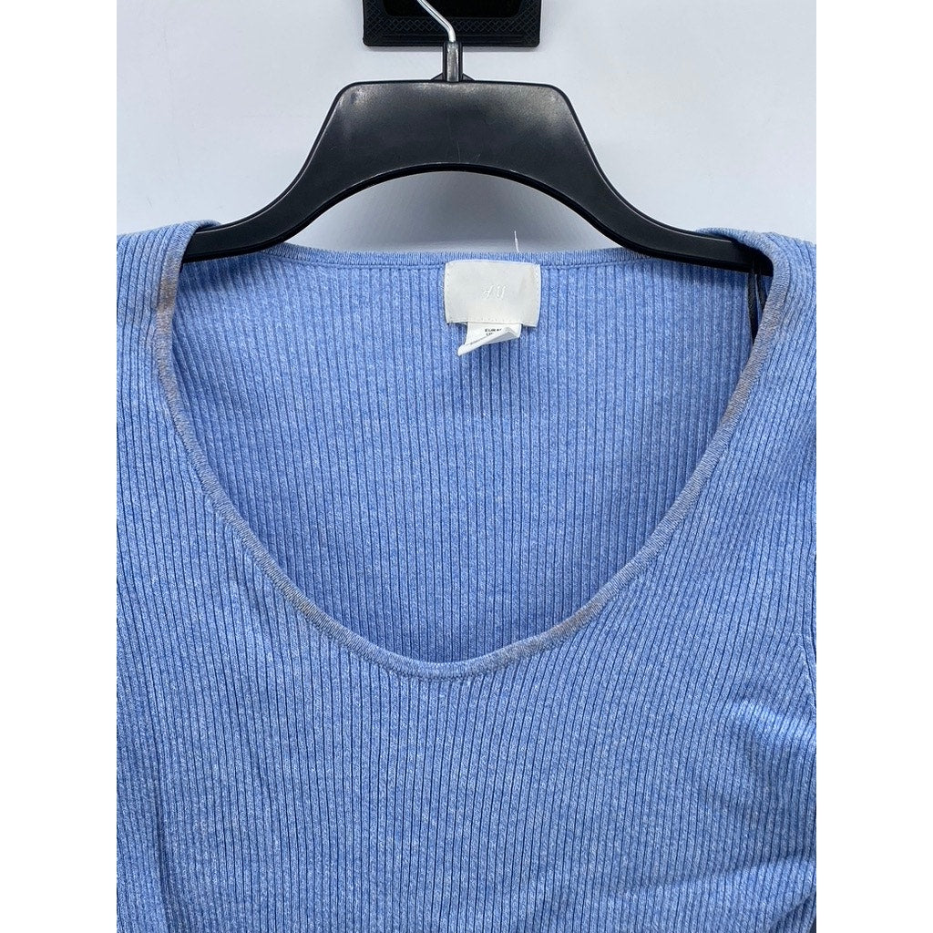 H&M Women's Blue Ribbed Scoop-Neck Long Sleeve Top SZ M