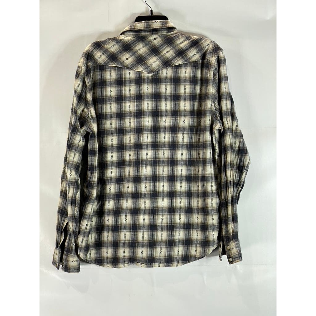 LUCKY BRAND Men's Cream/Gray Plaid Snap Button-Up Long Sleeve Western Shirt SZ L