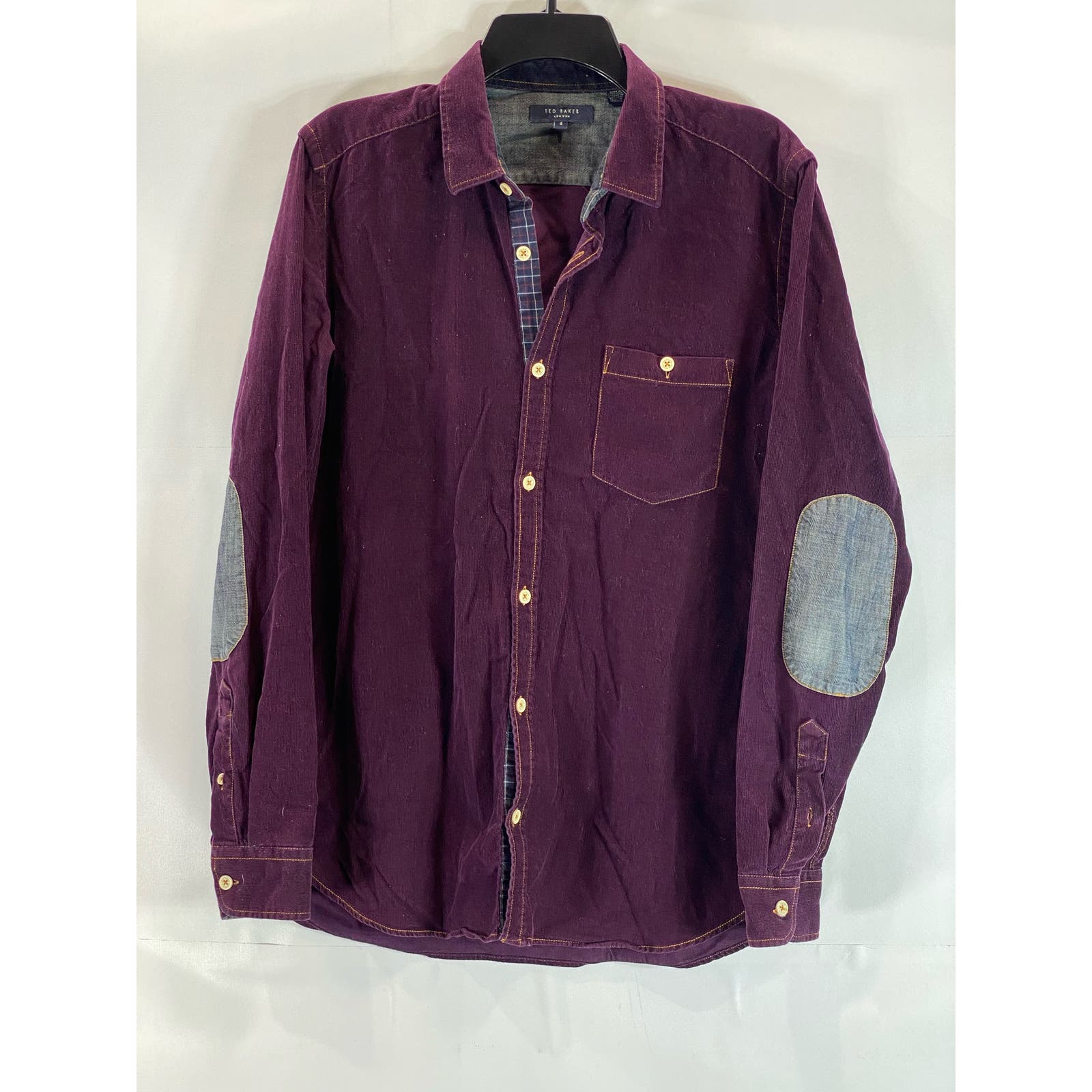 TED BAKER LONDON Men's Burgundy Corduroy Elbow-Patch Button-Up Shirt SZ 4(US/L)