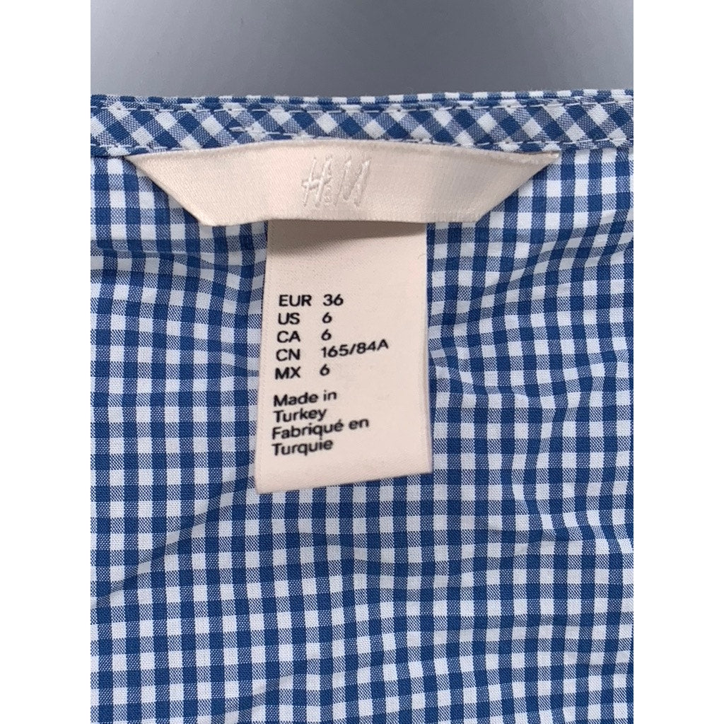 H&M Women's Blue-White Gingham Tie-Front Short Sleeve Cropped Top SZ 6