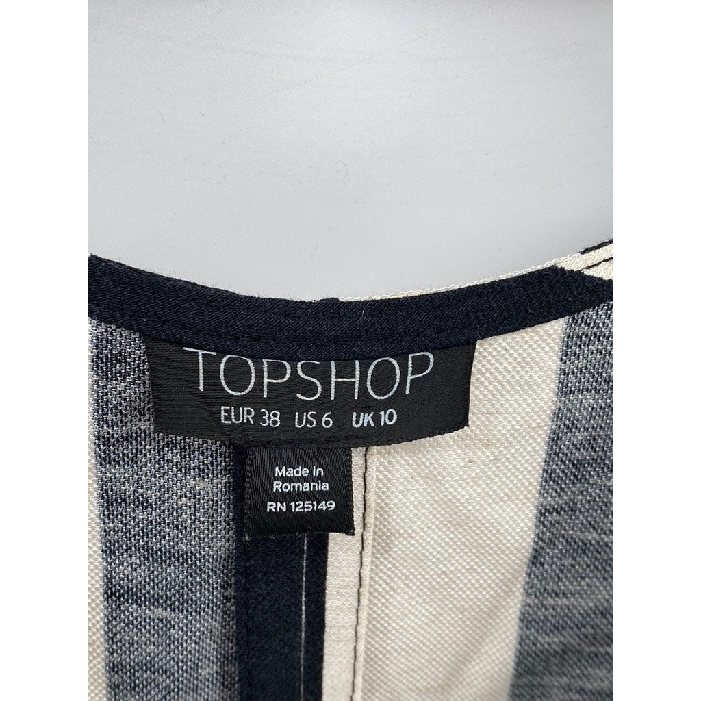 TOPSHOP Women's Black-Beige Striped Short Sleeve Knee-Length Wrap Dress SZ 6
