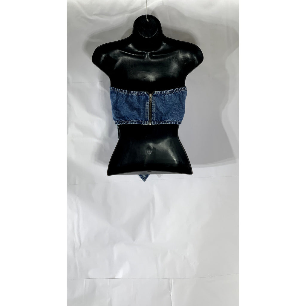 NASTY GAL Women's Dark Blue Denim Strapless Back-Zip Handkerchief Crop Top SZ 0