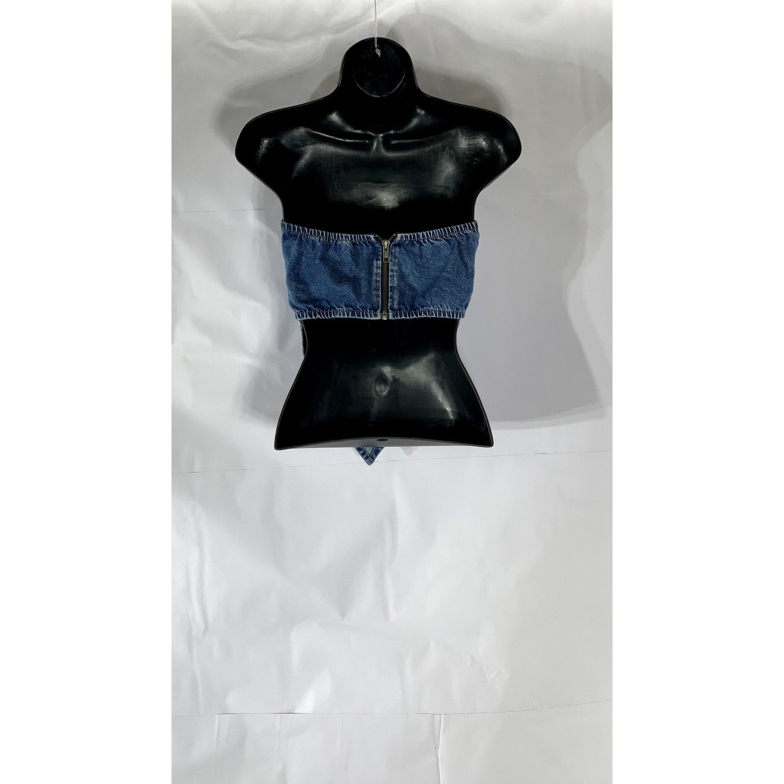 NASTY GAL Women's Dark Blue Denim Strapless Back-Zip Handkerchief Crop Top SZ 0