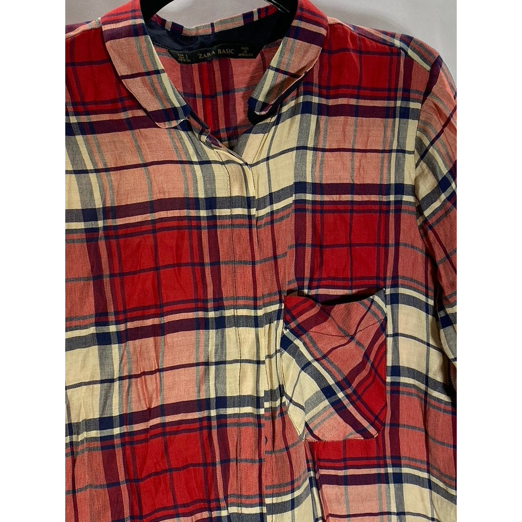 ZARA BASIC Women’s Red Plaid Regular-Fit Button-Up Long Sleeve Top SZ L