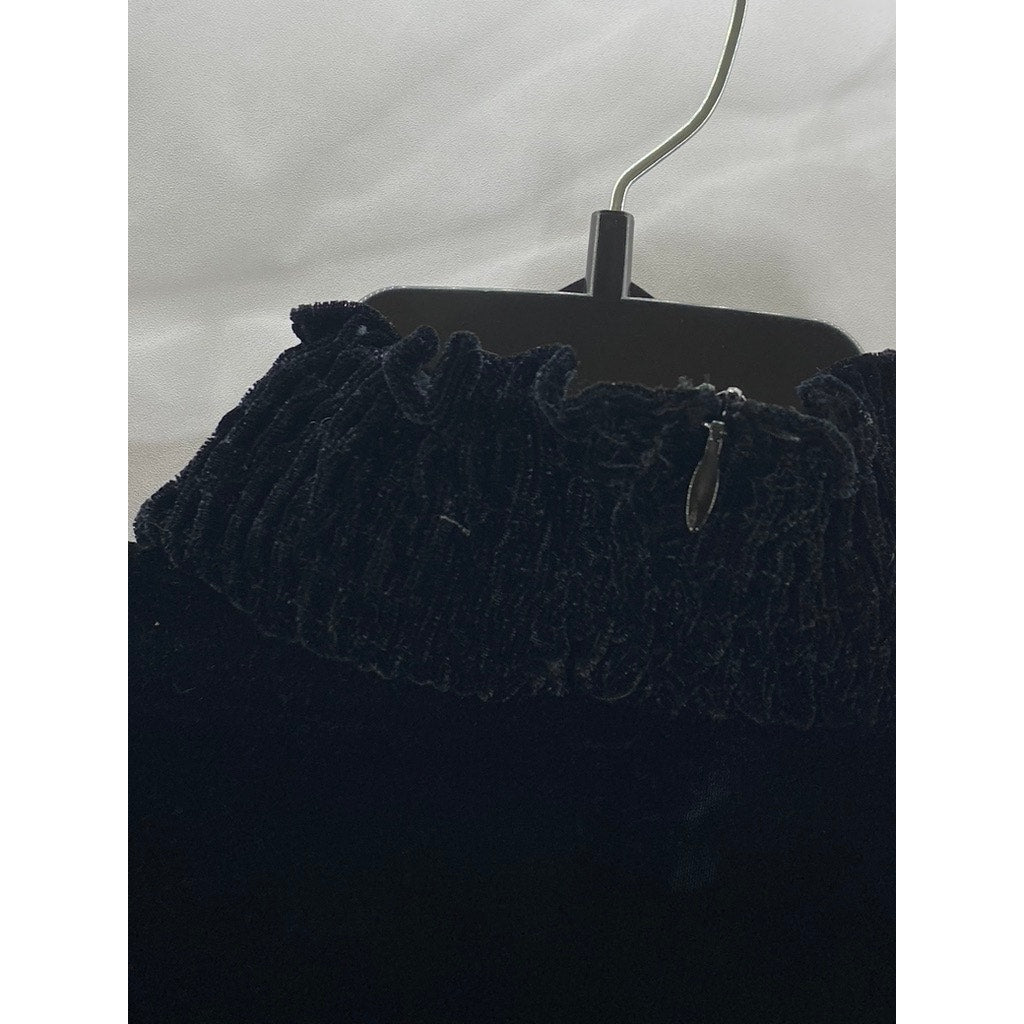 ZARA Women's Black Velvet Mock-Collar Long Bell Sleeve Mini Dress SZ XS
