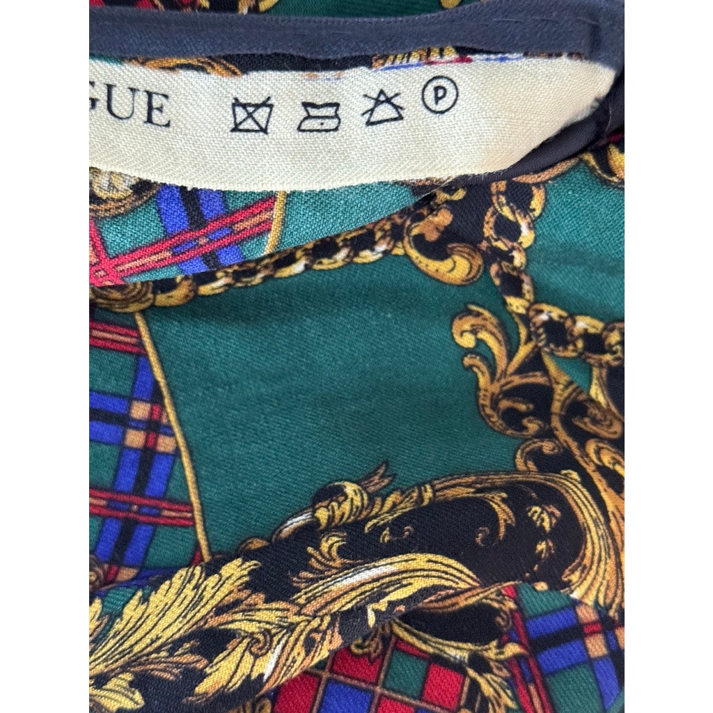 Women's Green/Tan Printed Wool Tie-Neck Long-Sleeve Fit & Flare Dress SZ M