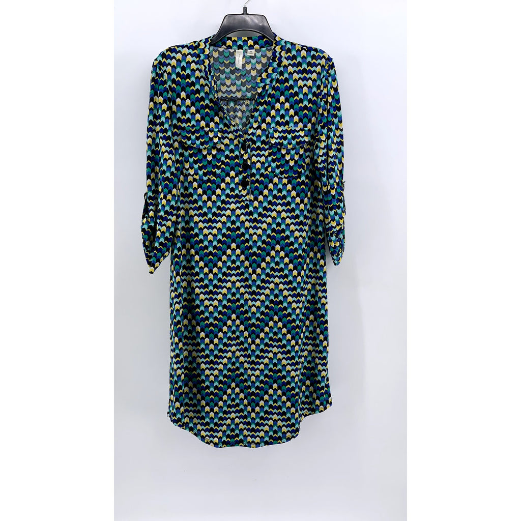 TACERA Women's Blue-Green-Yellow Printed Button-Front Long Sleeve Dress SZ M