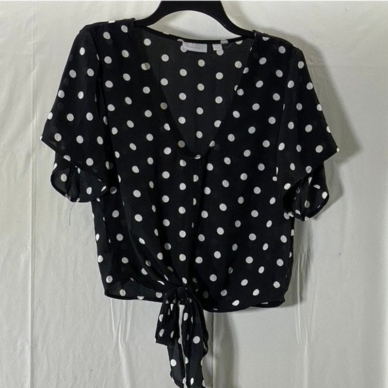 NEW YORK & COMPANY Women's Black/White Polka Dot V-Neck Tie Short Sleeve Top SZM