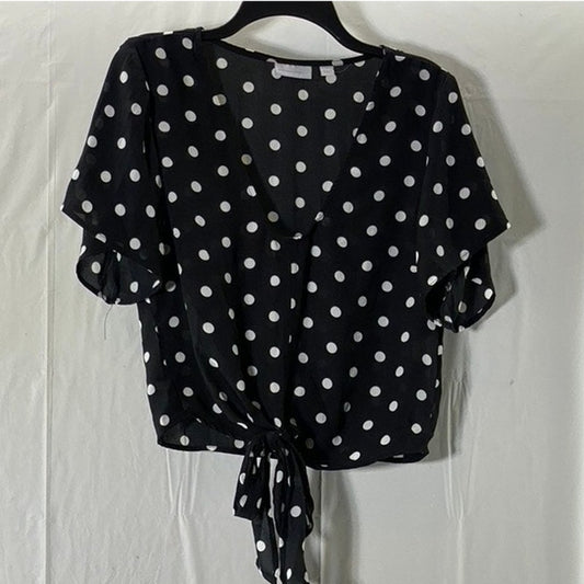 NEW YORK & COMPANY Women's Black/White Polka Dot V-Neck Tie Short Sleeve Top SZM