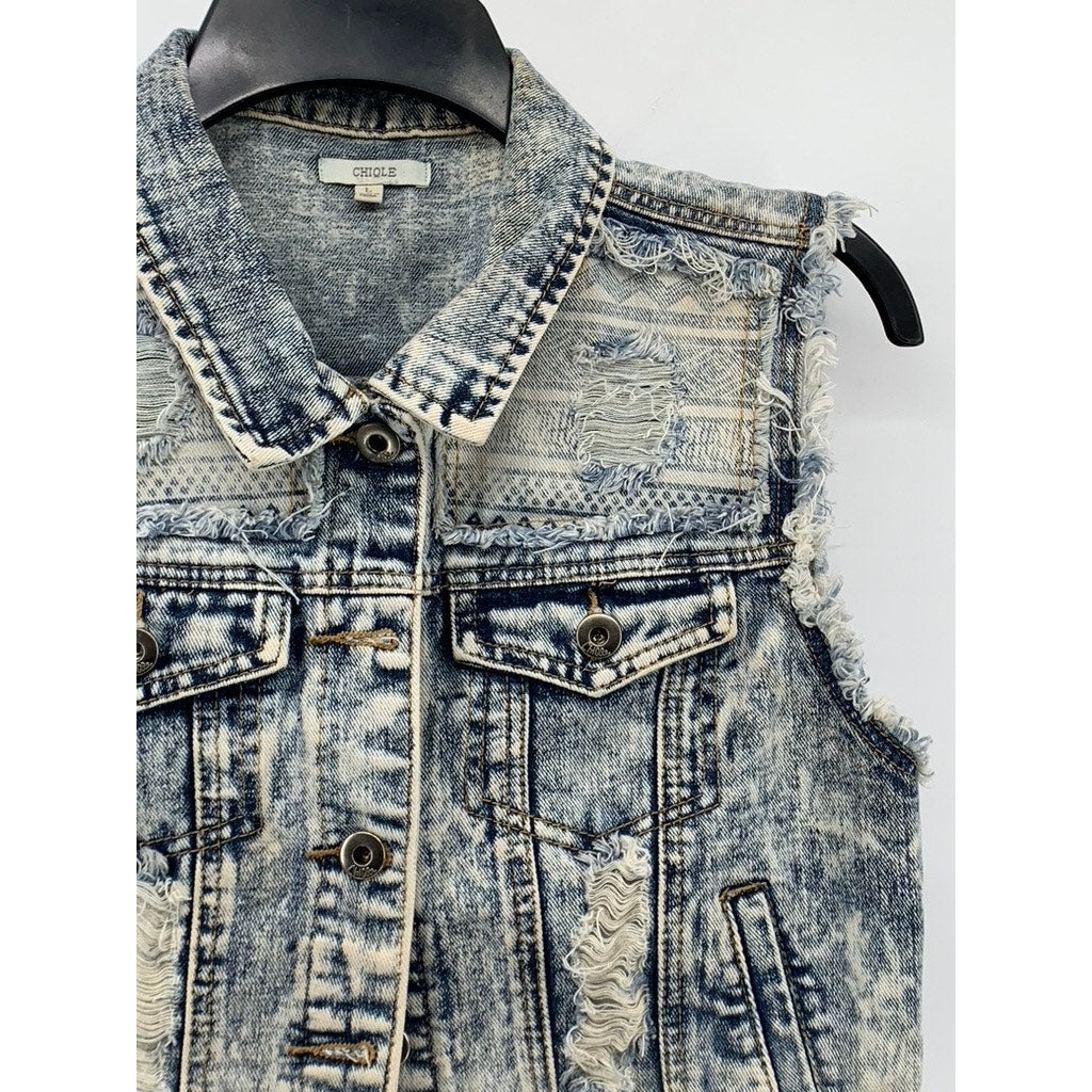 CHIQLE Women's Blue Denim Architect Distressed Button-Up Sleeveless Vest SZ L